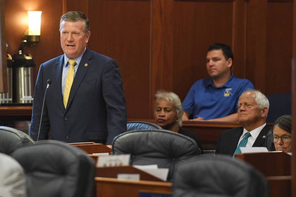 Rep. Chuck Kopp, R-Anchorage, makes a plea for a change of course during a continued Joint Session of the Alaska Legislature at the Capitol on Thursday, July 11, 2019. (Michael Penn | Juneau Empire)
