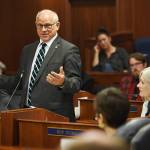 Sen. John Coghill, R-North Pole, expresses his sadness about how Gov. Mike Dunleavys budget vetoes will affect his community during a continued Joint Session of the Alaska Legislature at the Capitol on Thursday, July 11, 2019. (Michael Penn | Juneau Empire)