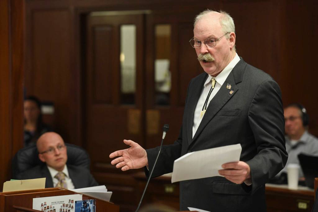 Sen. Bert Stedman, R-Sitka, speaks as Rep. Jonathan Kreiss-Tomkins, D-Sitka, listens during a Joint Session of Alaska Legislature at the Capitol on Thursday, July 11, 2019, to debate an override of Gov. Mike Dunleavys budget vetoes. The vote didnt take place because not enough legislators attended. (Michael Penn | Juneau Empire)