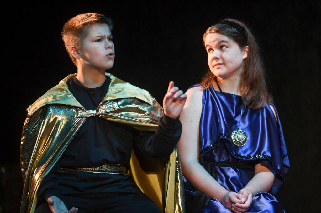Kyra Wood, left, as King Simonides, and Kat Shelton, as Princess Thaisa, rehearse in Perseverance Theatres STAR production of Pericles 2216: The Intergalactic Adventures of the Prince of Tyre on Tuesday, July 16, 2019. (Michael Penn | Juneau Empire)