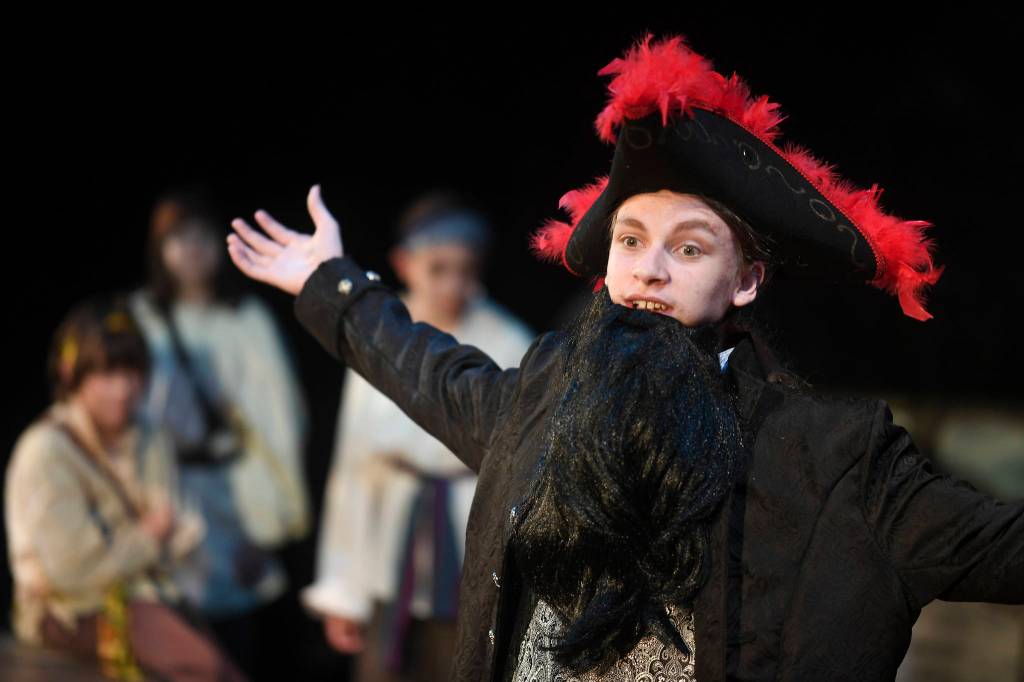 Miles Caldwell in the title role rehearses in Perseverance Theatres STAR production of Bloody Blackbeard on Tuesday, July 16, 2019. (Michael Penn | Juneau Empire)