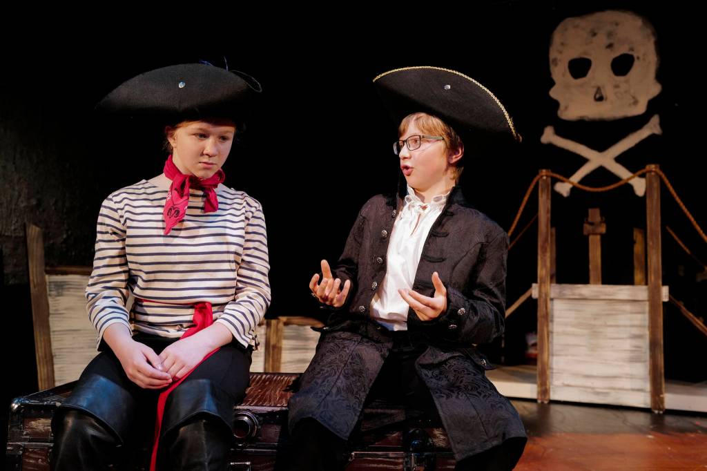 Eva Miller, left, as Neddie (Young Blackbeard) and Arlo Davis, as Captain Hornigold, rehearse the musical in Perseverance Theatres STAR production of the musical Bloody Blackbeard on Tuesday, July 16, 2019. (Michael Penn | Juneau Empire)