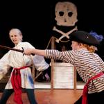 Emilia Shetlon Walker, left, as a pirate and Eva Miller, as Neddie (Young Blackbeard), rehearse in Perseverance Theatres STAR production of the musical Bloody Blackbeard on Tuesday, July 16, 2019. (Michael Penn | Juneau Empire)