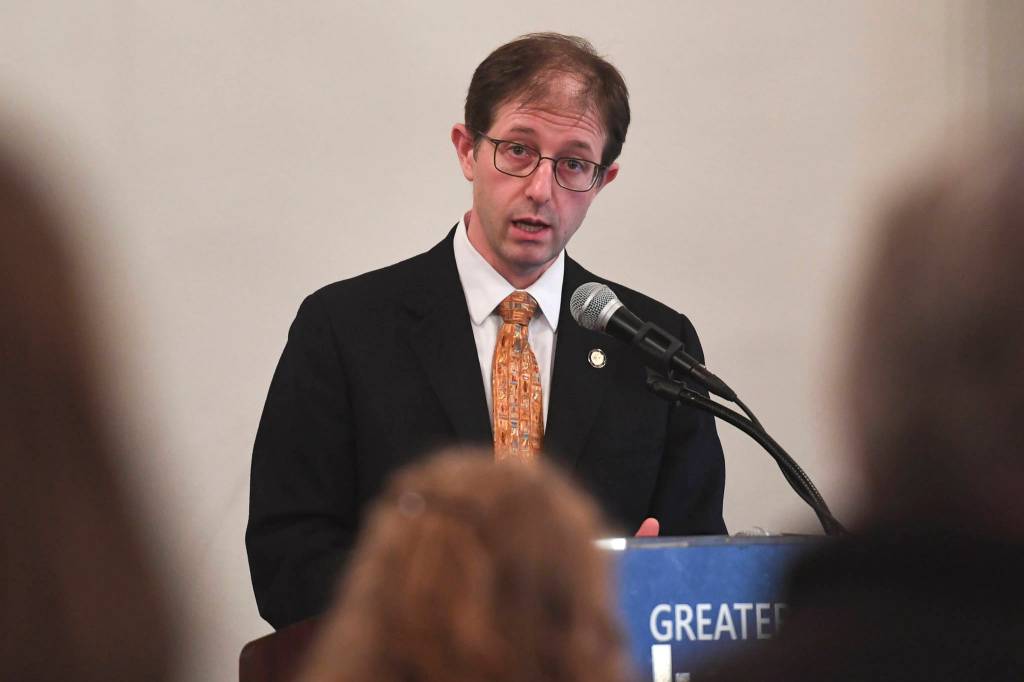 Sen. Jesse Kiehl, D-Juneau, speaks to the Juneau Chamber of Commerce during its luncheon at the Moose Lodge on Thursday, July 18, 2019. (Michael Penn | Juneau Empire)