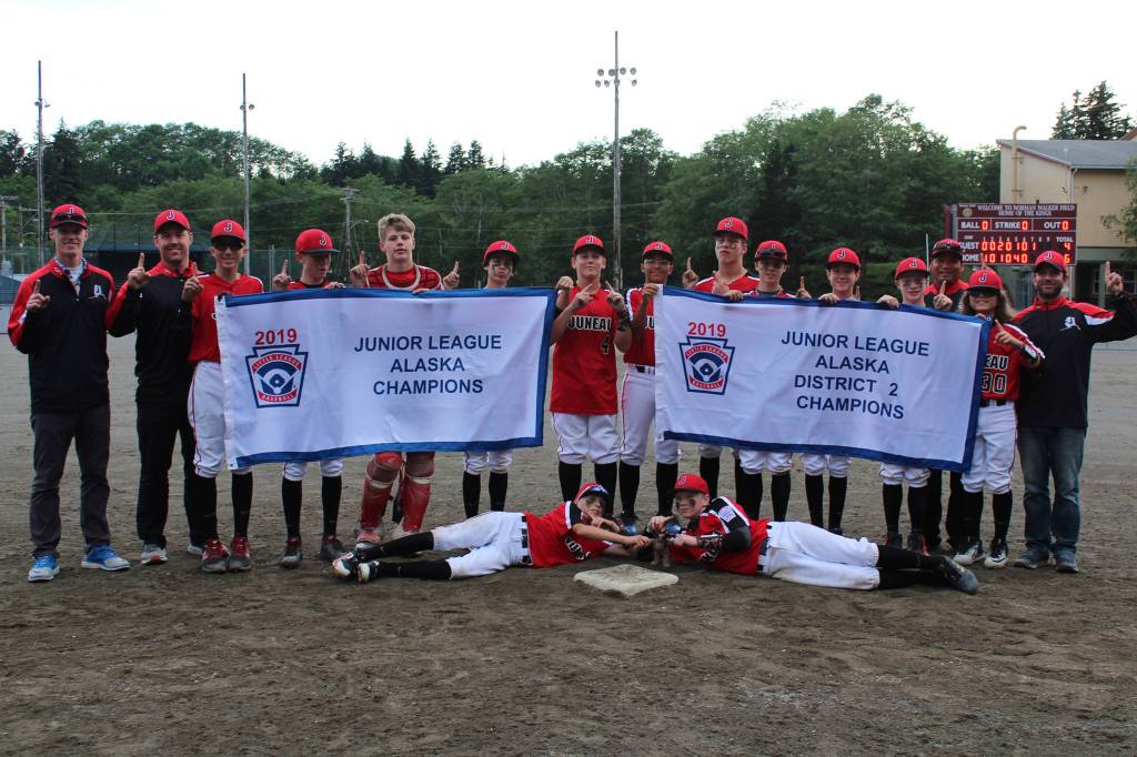 The Juneau All-Stars celebrate their Alaska Little League Junior Baseball State and District 2 championship at Norman Walker Field in Ketchikan on Friday, July 19, 2019. Juneau won 6-4 to sweep the best-of-five state tournament series and advance to the Junior Baseball West Region Tournament in San Jose, California, July 26- Aug. 3. (Courtesy Photo | Lori Crupi)