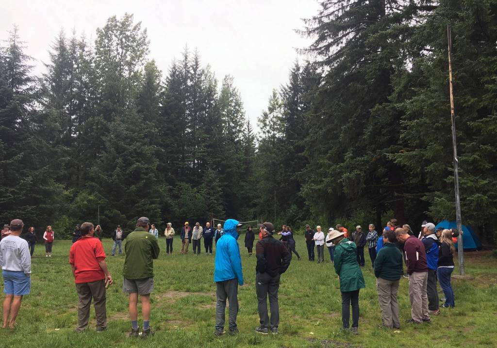 Former members of the False Island Young Adult Conservation Corps play games during the groups reunion Friday, July 19, 2019, at the Eagle River United Methodist Camp in Juneau. (Michael S. Lockett | Juneau Empire)