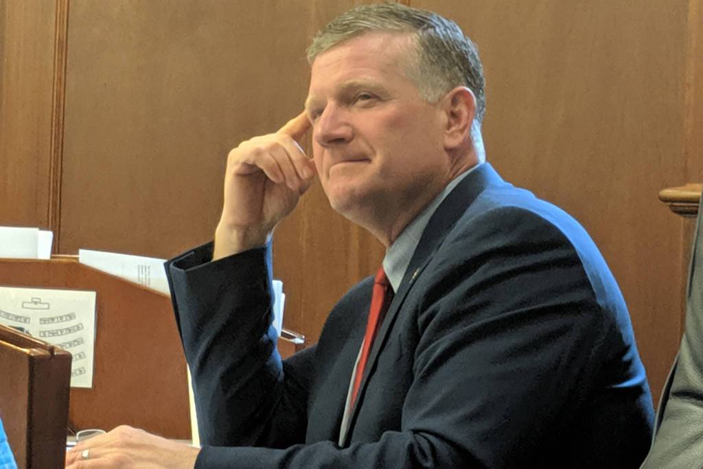 Rep. Chuck Kopp, R-Anchorage, listens during a House floor session Sunday, July 21, 2019. (Ben Hohenstatt | Juneau Empire)