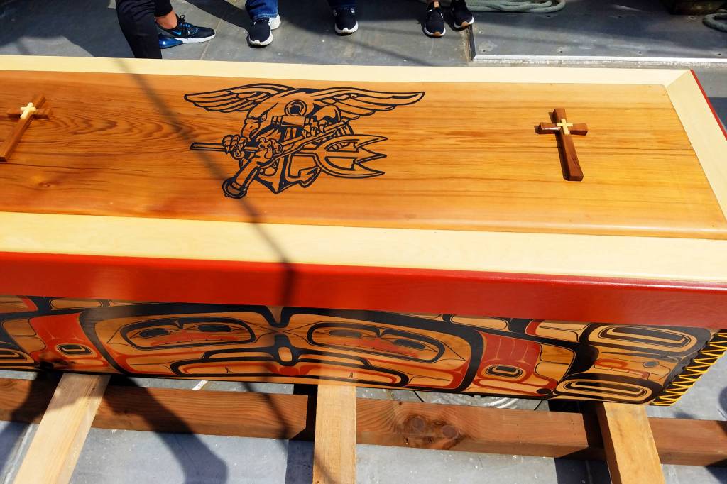 Solomon Atkinson is buried beneath the symbol he gave years to, the SEAL Trident representing the naval special warfare community he was a part of, July 21, 2019, in Metlakatla, Alaska. (Courtesy photo | Laddie Shaw)