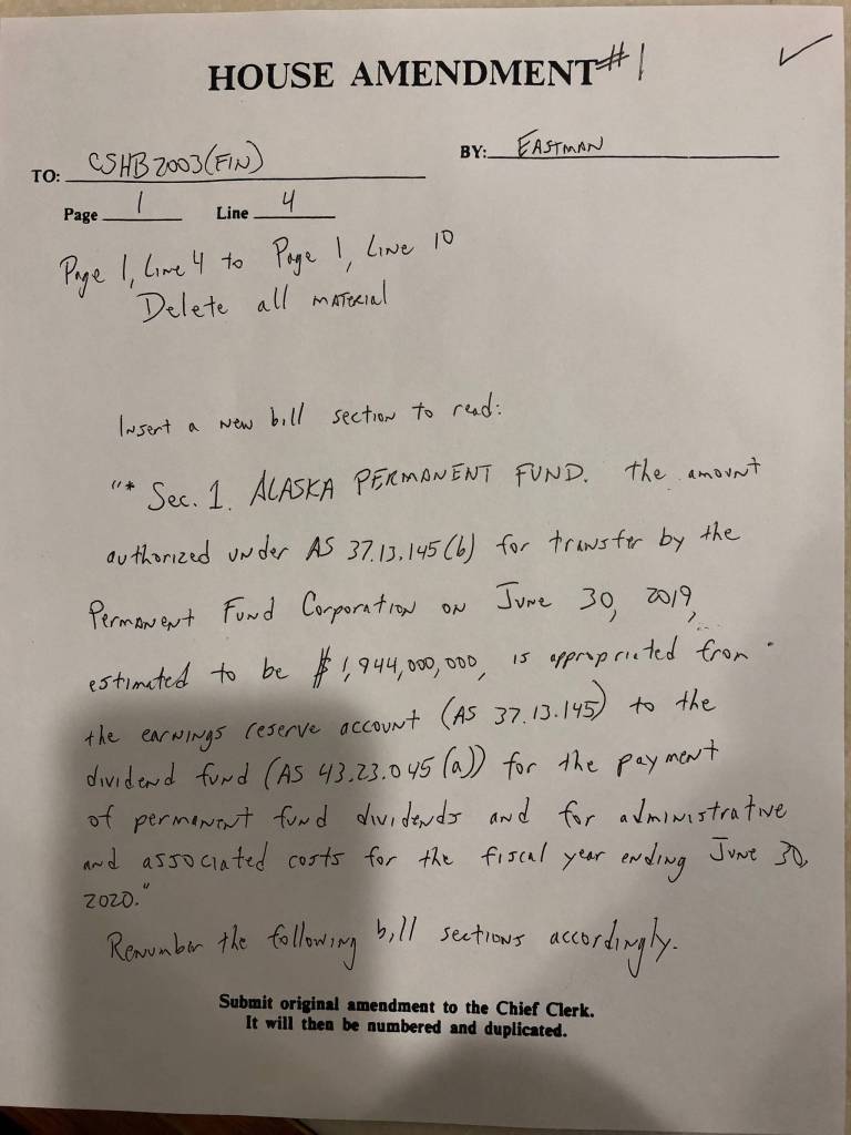 The text of Rep. Dan Eastmans, R-Wasilla, amendment. Hand-written because of the speed at which the legislature is moving during the special session.