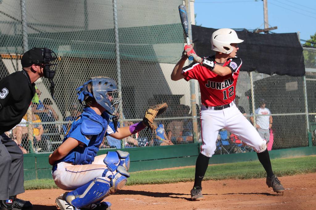 Gastineau Channel Little League Junior All-Star Caden Mesdag bats in a game against tournament host Cambrian Park Little League in the West Regional Tournament at Ida Price Middle School in San Diego, California, on Friday, July 26, 2019. (Courtesy Photo | Lori Crupi)