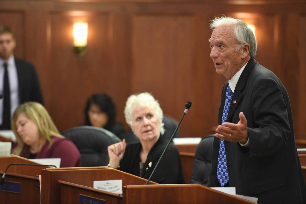House Majority Leader Steve Thompson, R-Fairbanks, speaks in favor of passing the capital budget during a House session at the Capitol on Monday, July 29, 2019. (Michael Penn | Juneau Empire)
