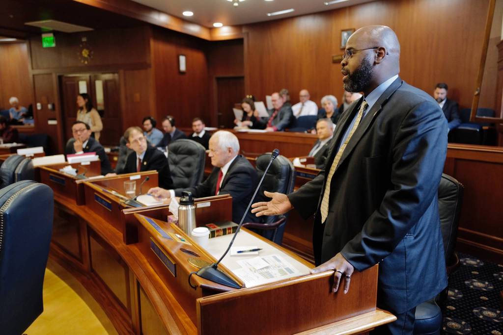 Sen. David Wilson offers an amendment to the operating budget at the Capitol on Monday, July 29, 2019. Sen. Wilsons amendment would pay $1,400 as part two of an Alaskan permanent fund dividend. It was voted down. (Michael Penn | Juneau Empire)