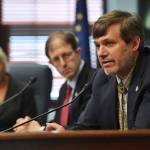 Sen. Bill Wielechowski, D-Anchorage, right, speaks as Sen. Jesse Kiehl, D-Anchorage, center, and Sen. Elvi Gray-Jackson, D-Anchorage, listen during a Senate Minority Caucus press conference after the Senate passed the operating budget at the Capitol on Monday, July 29, 2019 (Michael Penn | Juneau Empire)