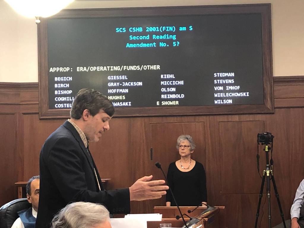 Sen. Bill Wielechowski, D-Anchorage, speaks in opposition to Amendment 5 to HB 2001 which would remove language allocating a $3,000 PFD on Monday, July 29, 2019. (Peter Segall | Juneau Empire)