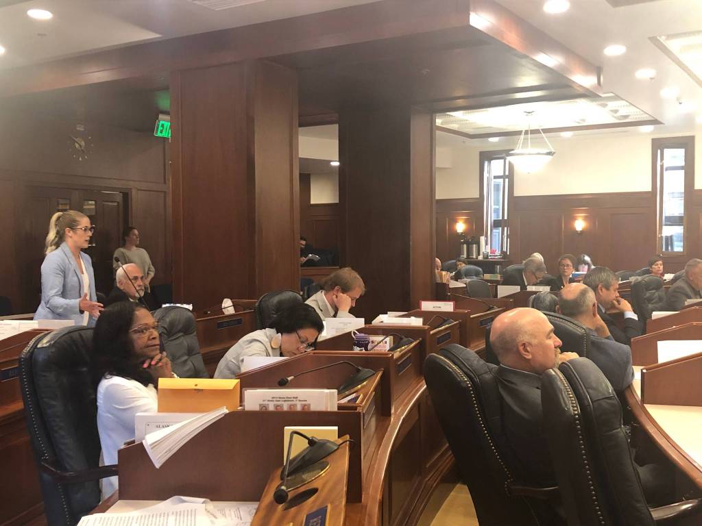 Rep. Sara Rasmussen speaks against concurrence of SB 2001 on Monday, July 29, 2019. (Peter Segall | Juneau Empire)