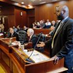 Sen. David Wilson offers an amendment to the operating budget at the Capitol on Monday, July 29, 2019. Sen. Wilsons amendment would pay $1,400 as part two of an Alaskan permanent fund dividend. It was voted down. (Michael Penn | Juneau Empire)