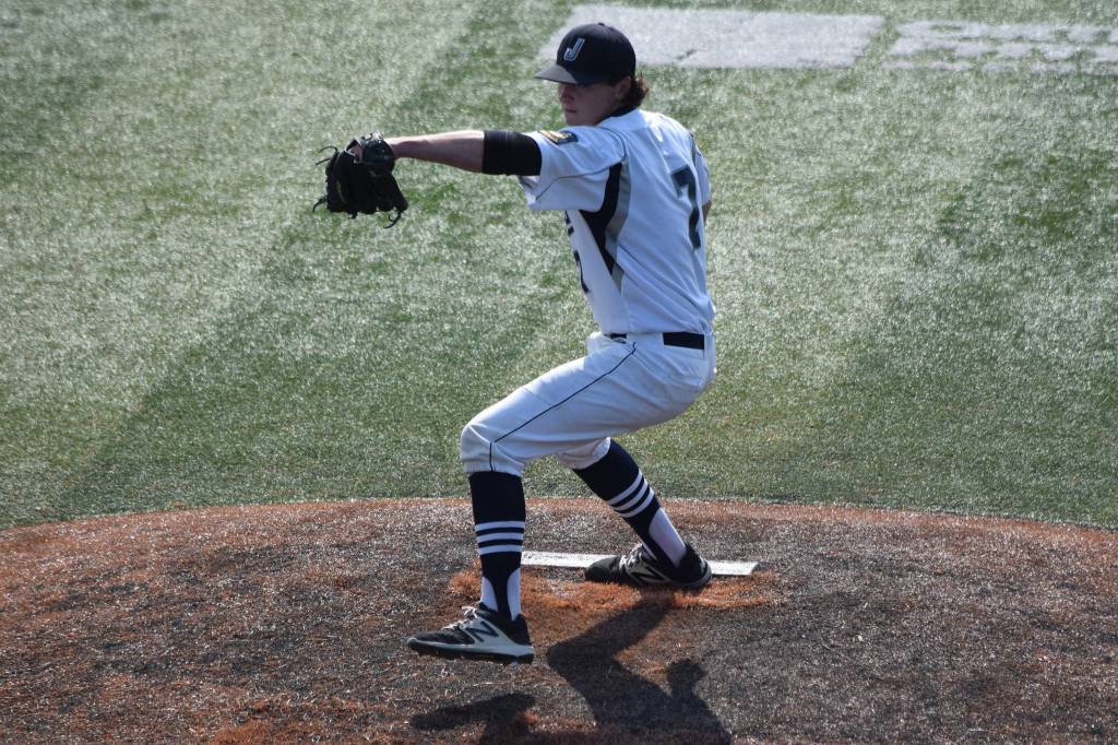 Juneau Post 25s Brock McCormick delivers to the plate against South Post 4 at Mulcahy Stadium in Anchorage on Tuesday, July 30, 2019. (Nolin Ainsworth | Juneau Empire)