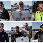 Portraits of six people at the picket line for the Inlandboatmens Union of the Pacific at the Alaska Marine Highway Systems Auke Bay Terminal on Tuesday, July 30, 2019. Pictured from left are Joseph Garrett, Dane Dickey, Conan Leegard, Paul Lorentz, Carl Weimer with his wife Sharilee, and Johnny Ruiz. (Michael Penn | Juneau Empire)