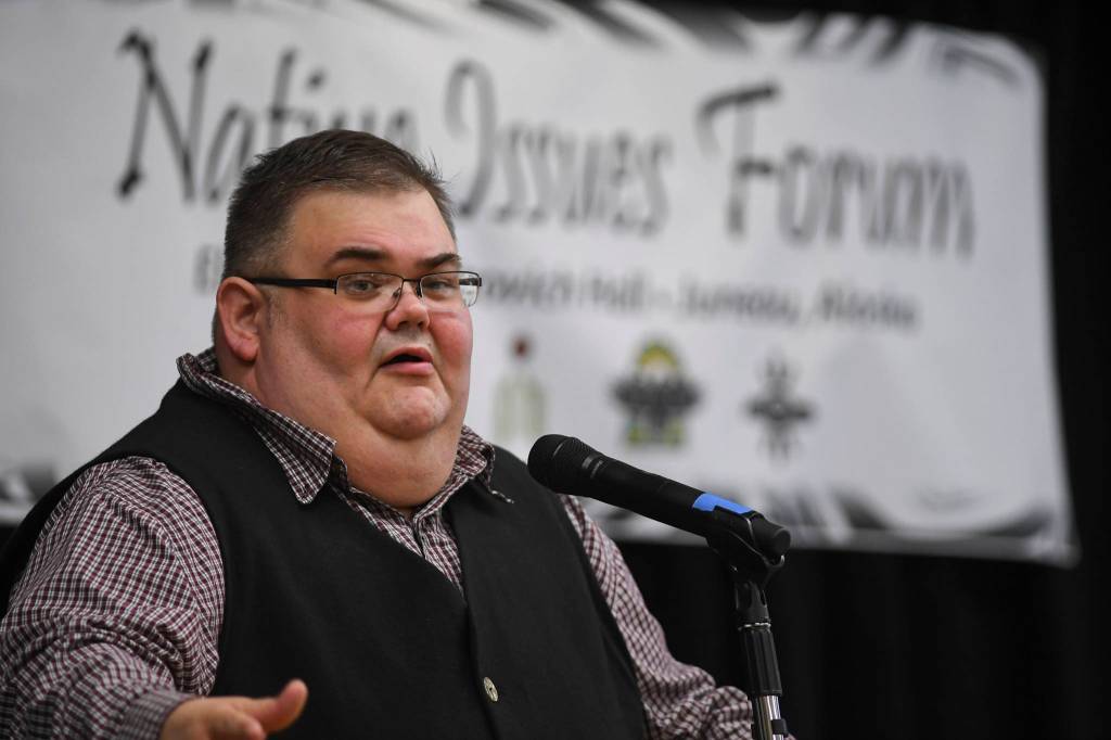 Richard Chalyee Éesh Peterson, President of the Central Council of Tlingit and Haida Indian Tribes of Alaska, speaks during a Special Native Issues Forum at Elizabeth Peratrovich Hall on Tuesday, July 30, 2019. The forum was sponsored by Tlingit Haida, First Alaskans Institute, Native Peoples Action and Sealaska. (Michael Penn | Juneau Empire)