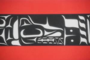 A wolf head design in the red line at the Treadwell Arena on Thursday, August 1, 2019. Tsimshian artist Abel Ryan Tsimshian worked with students in the BAM After School Program to draw animals in Northwest Coast formline designs to be incorporated in the hockey rink ice. The Treadwell Arena opens for the season on Monday. (Michael Penn | Juneau Empire)