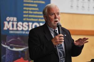 Dr. Richard Caulfield, Chancellor at the University of Alaska Southeast, gives an update during a speech at the university on Thursday, Aug. 1, 2019. (Michael Penn | Juneau Empire)