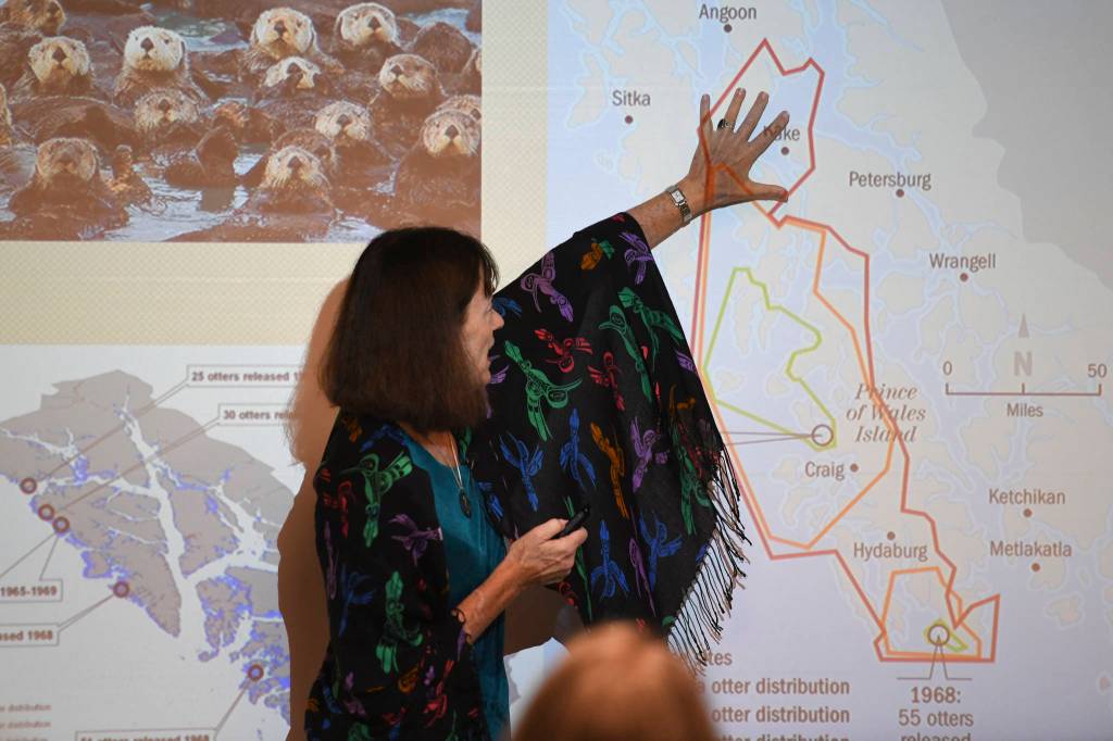 Dr. Madonna Moss, professor of anthropological archaeology at the University of Oregon, speaks on Tlingit relationships with sea otters and whether Tlingit people consumed sea otters as food in the past during a lecture at the Walter Soboleff Center on Friday, Aug. 2, 2019. (Michael Penn | Juneau Empire)