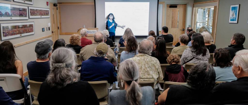 Dr. Madonna Moss, professor of anthropological archaeology at the University of Oregon, speaks on Tlingit relationships with sea otters and whether Tlingit people consumed sea otters as food in the past during a lecture at the Walter Soboleff Center on Friday, Aug. 2, 2019. (Michael Penn | Juneau Empire)
