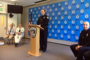 Juneau Police Department Deputy Chief David Campbell opens a press briefing following an officer-involved shooting during a domestic violence call outside the Mendenhall Valley Safeway, Aug. 4. (Photo by: Michael S. Lockett | Juneau Empire)
