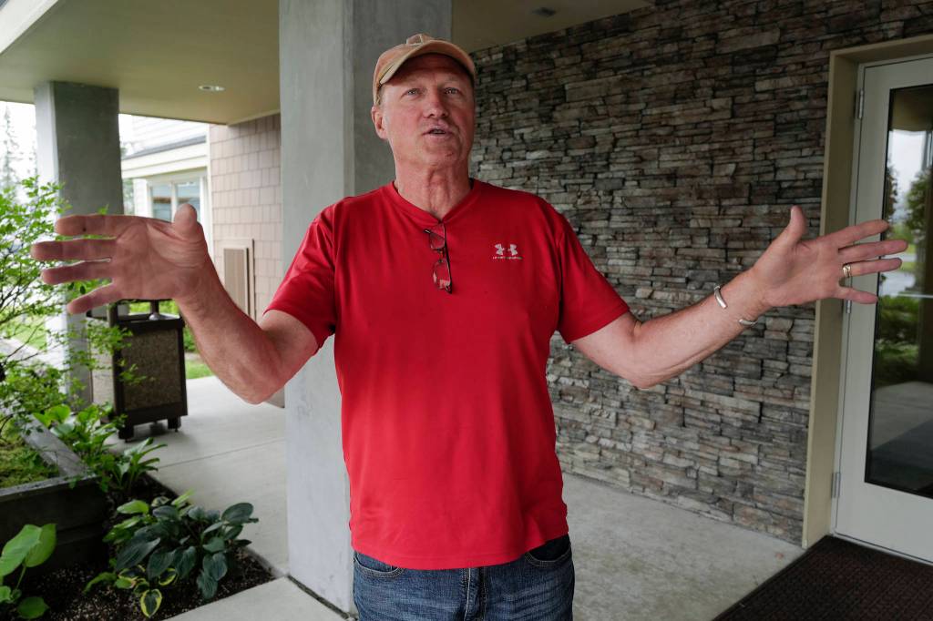Gary Elliott, of Connecticut, talks about his frustration on the third day of the Inland Boatmens Union of the Pacifics strike against the Alaska Marine Highway System at the Auke Bay Terminal on Friday, July 26, 2019. After spending six weeks traveling throughout Alaska and having a wonderful time, Elliott said he cant wait to leave the state. Elliot said it is costing him $4,500 in cancelled ferry tickets, hotel, barge and airline costs to get out of Juneau this weekend. (Michael Penn | Juneau Empire)