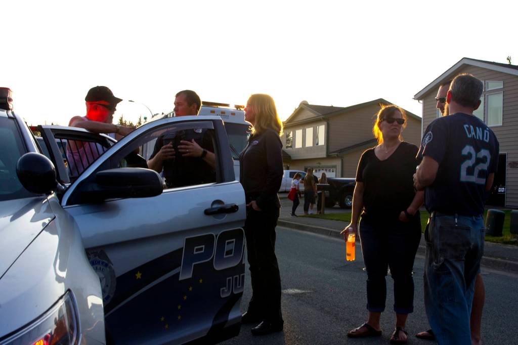 The Juneau Police Department organized participation in the National Night Out for all Juneau public services, including Capital City Fire/Rescue, the Alaska State Troopers, and other uniformed and nonuniformed public services, Aug. 6, 2019. (Michael S. Lockett | Juneau Empire)