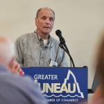 Bruce Denton speaks about the Housing First project during the Juneau Chamber of Commerce luncheon at the Moose Lodge on Thursday, Aug. 8, 2019. (Michael Penn | Juneau Empire)