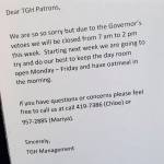 A sign on the front door of the Glory Hall announces its daily closure on Tuesday, Aug. 13, 2019. The emergency shelter and soup kitchen is closing its doors from 7 a.m. to 2 p.m. daily due to budget cuts forcing the homeless to find other places to be. (Michael Penn | Juneau Empire)