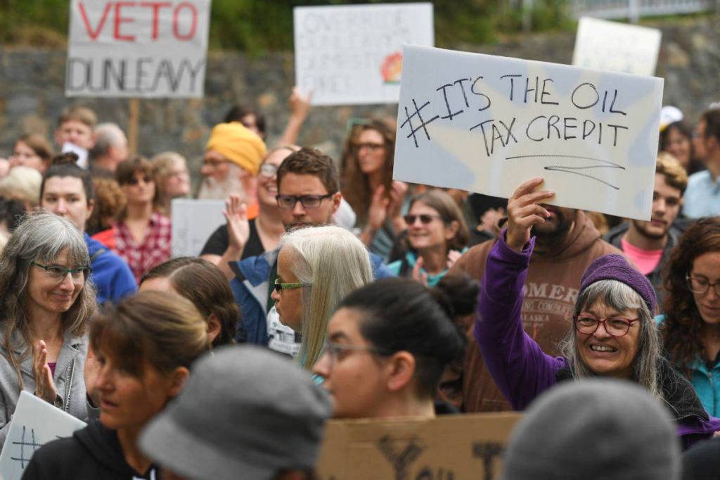 Over hundred people gather in front of the Governors Mansion to protest budget vetoes by Gov. Mike Dunleavy on Friday, July 12, 2019. (Michael Penn | Juneau Empire)