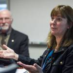 Then Juneau School District Director of Student Services Bridget Weiss, right, and former Superintendent Dr. Mark Miller on Thursday, Oct. 19, 2017. Weiss is currently serving as superintendent. (Michael Penn | Juneau Empire)