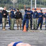 Marcos Saldarriaga, of the U.S. Coast Guard Cutter Kukui, competes in the rope throw during the annual Buoy Tender Olympics at Station Juneau on Wednesday, Aug. 21, 2019. (Michael Penn | Juneau Empire)
