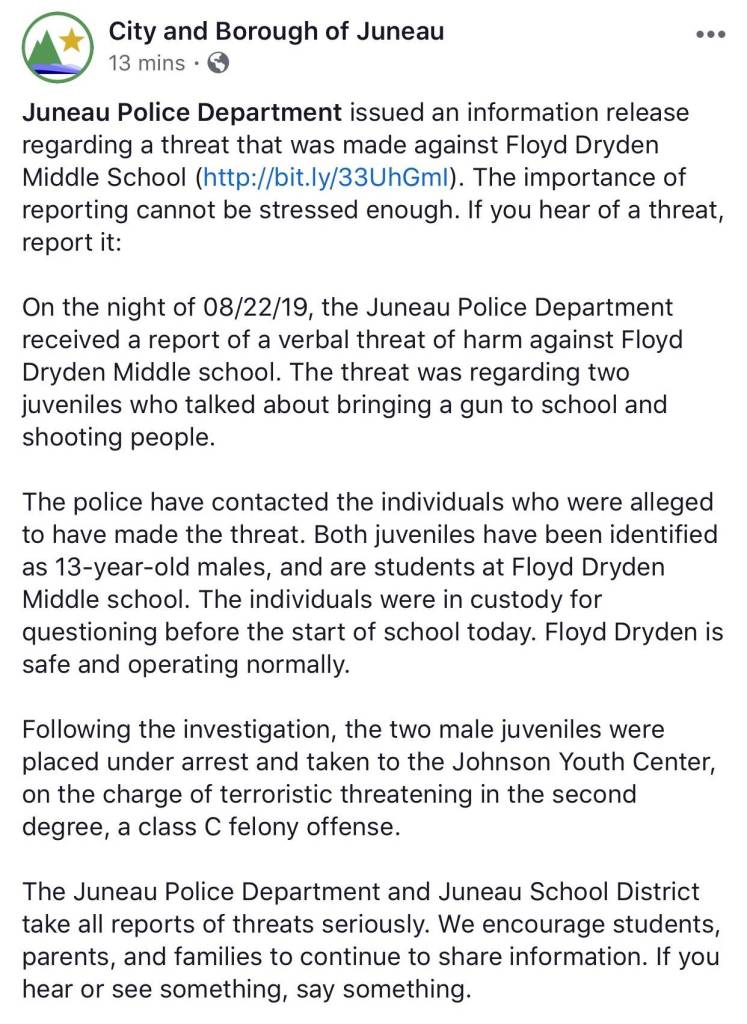 Update: Two Juneau middle schoolers arrested for planning school shooting