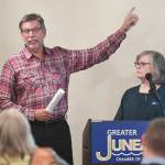 Kirby Day, operations manager for Princess Cruises, left, and Liz Perry, CEO and President of Travel Juneau, speak about visitor industry issues during the Juneau Chamber of Commerces weekly luncheon at the Moose Lodge on Thursday, Aug. 22, 2019. (Michael Penn | Juneau Empire)