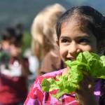 Gina Athwani eats fresh lettuce grown in the Farm to School program at Harborview Elementary School on Wednesday, June 26, 2019. (Michael Penn | Juneau Empire)