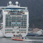 The Ruby Princess is escorted by a U.S. Coast Guard 45 foot Response Boat-Medium into Juneau downtown harbor on Monday, April 30, 2018. (Michael Penn | Juneau Empire)