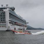 The Ruby Princess is escorted by a U.S. Coast Guard 45 foot Response Boat-Medium into Juneau downtown harbor on Monday, April 30, 2018. (Michael Penn | Juneau Empire)