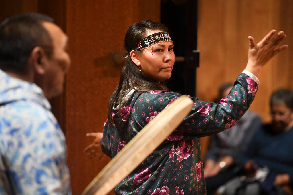 Rene Mokiyuk, right, performs St. Lawrence Island dancing and song with her uncle, John Waghiyi Jr. and his wife, Arlene Annogiyuk Waghiyi, of Savoonga, at the Walter Soboleff Center on Wednesday, Aug. 28, 2019. (Michael Penn | Juneau Empire)