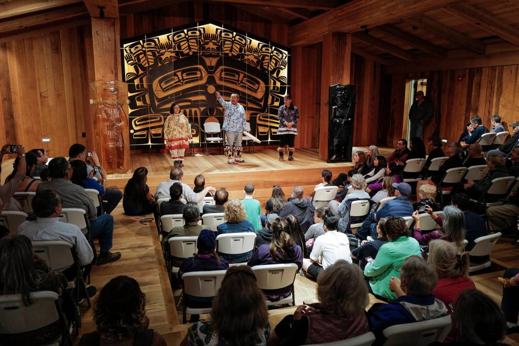 Sealaska Heritage Institute Artists-in-Residence John Waghiyi and his wife, Arlene Annogiyuk Waghiyi, from Savoonga, perform St. Lawrence Island dancing and song with their niece, Rana Mokiyuk, right, at the Walter Soboleff Center on Wednesday, Aug. 28, 2019. (Michael Penn | Juneau Empire)