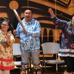 Sealaska Heritage Institute Artists-in-Residence John Waghiyi and his wife, Arlene Annogiyuk Waghiyi, of Savoonga, perform St. Lawrence Island dancing and song with their niece, Rana Mokiyuk, right, at the Walter Soboleff Center on Wednesday, Aug. 28, 2019. (Michael Penn | Juneau Empire)