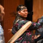 Rene Mokiyuk, right, performs St. Lawrence Island dancing and song with her uncle, John Waghiyi and his wife, Arlene Annogiyuk Waghiyi, of Savoonga, at the Walter Soboleff Center on Wednesday, Aug. 28, 2019. (Michael Penn | Juneau Empire)