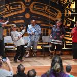 Sealaska Heritage Institute Artists-in-Residence John Waghiyi and his wife, Arlene Annogiyuk Waghiyi, from Savoonga, invite audience members to dance to their St. Lawrence Island rock and roll song at the Walter Soboleff Center on Wednesday, Aug. 28, 2019. (Michael Penn | Juneau Empire)