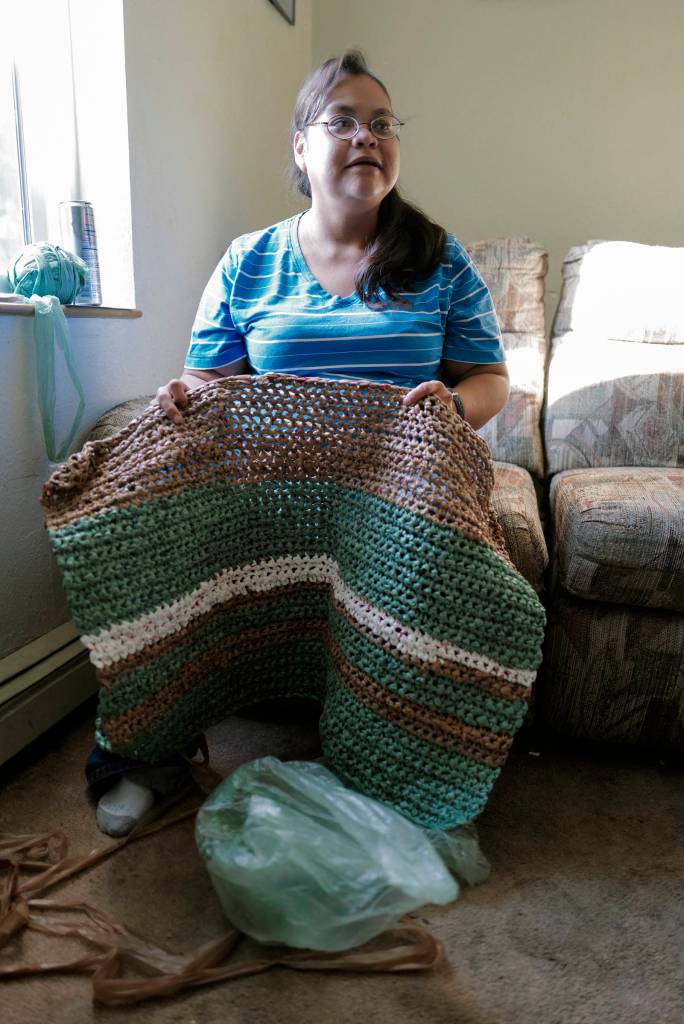 Star White talks about her personal project to make sleeping mats for Juneaus homeless using plastic grocery bags on Thursday, Aug. 29, 2019. (Michael Penn | Juneau Empire)