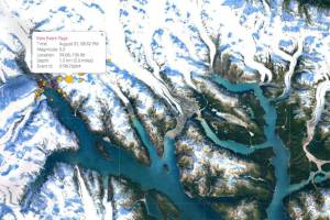A 5.0 magnitude earthquake occured at a depth of less than a kilometer 100km northwest of Juneau on August 31. (Screenshot from USGS)