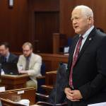 The late Sen. Chris Birch, R-Anchorage, offers an amendment for a $900 dividend during debate in the Senate in June 2019. (Michael Penn | Juneau Empire File)