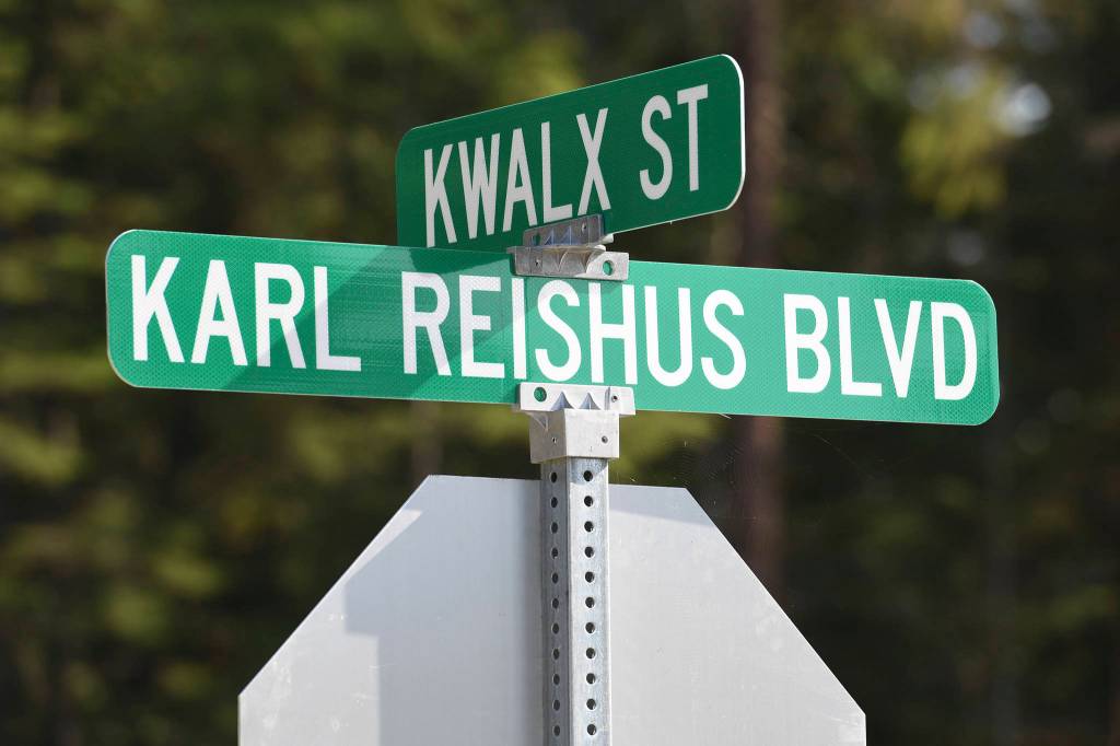 Karl Reishus Boulevard in the Pederson Hill Subdivision on on Friday, Sept. 6, 2019. Reishus was a Juneau Police Department officer who died in 1992 when he fell from a 40-foot tower during a training exercise. (Michael Penn | Juneau Empire)