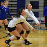Thunder Mountain Mountain High Schools Amy Schoonover, left, and Lily Smith play defense while playing against Sitka High School. (Nolin Ainsworth | Juneau Empire)